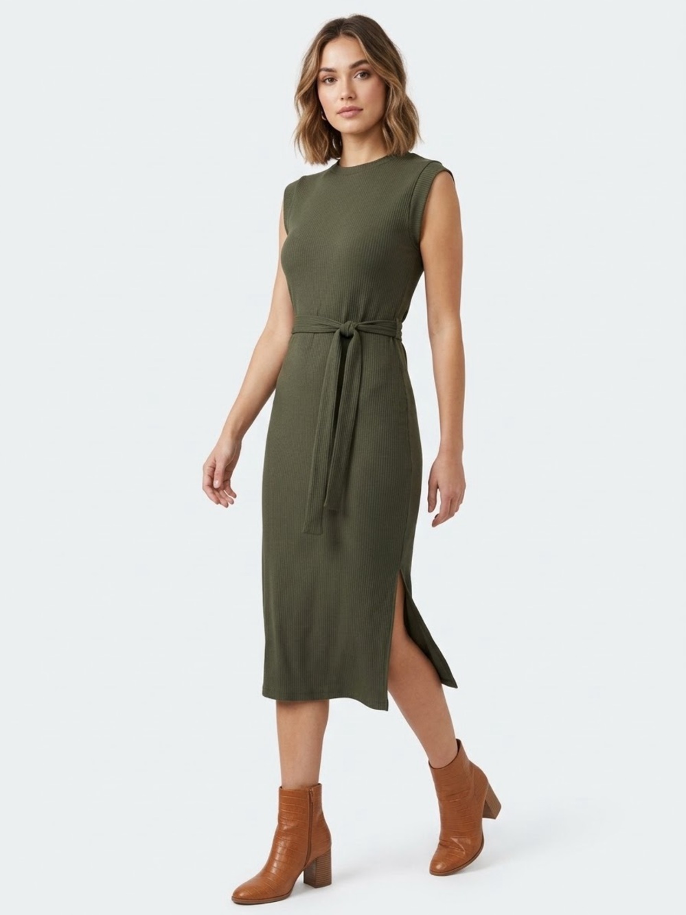 Francesca’s Blue Rain $44 P2P14-17” L44” Olive Green Ribbed Midi Dress XS
